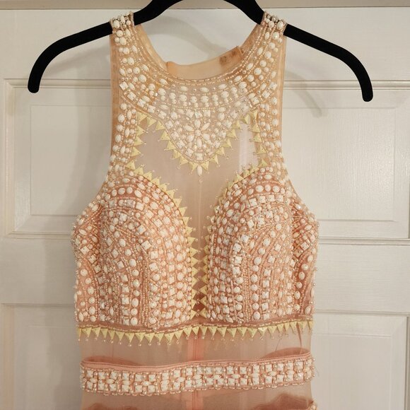 Cinderella Divine Beaded Peach Maxi Dress Size 4 Sheath Jewel Sleeveless Graduat - Picture 3 of 16